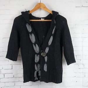 AMERICAN RAG CO BLACK 1/2 SLEEVE HOODED CARDIGAN SWEATER WITH RIBBON DETAIL